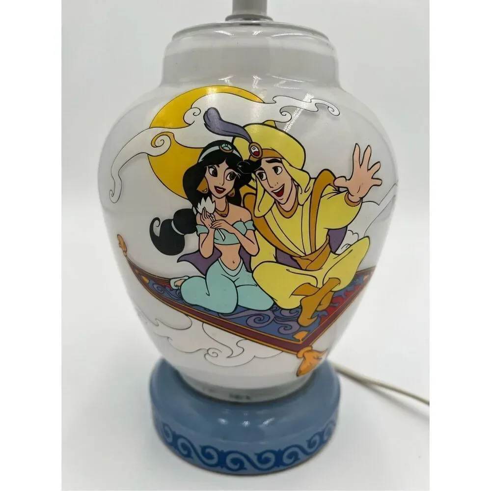 vintage Disney Aladdin & Jasmine Genie Milk Glass Lamp Red Light Night Light 90s